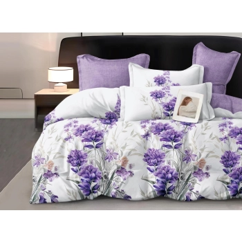 Pościel 200x220 biała fioletowe kwiaty PK669 z prześcieradłem